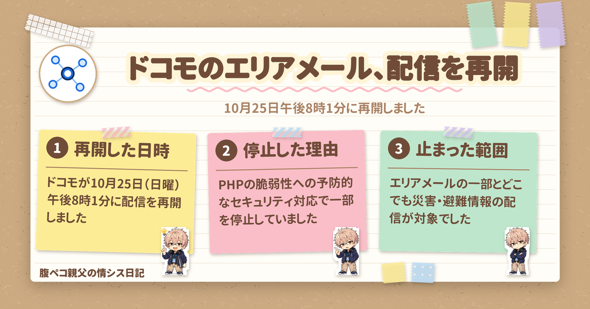 ドコモのエリアメール一部サービスが10月25日午後8時1分に配信再開、PHPの脆弱性への予防対応で停止