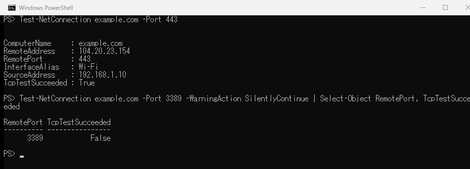 example.com の 443 番ポートへの接続は成功（TcpTestSucceeded が True）、3389 番ポートへの接続は失敗（False）となった画面