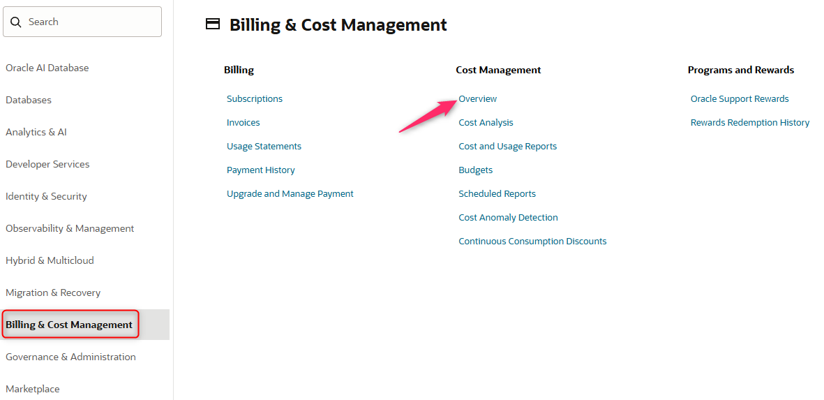 サインアップ後の、メニューの Billing & Cost Management。Cost Management の Overview を開く
