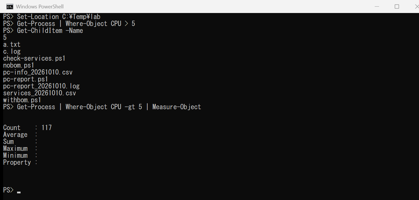 パイプラインの失敗例。Where-Object CPU > 5 を実行したあとの Get-ChildItem の画面。フォルダーに 5 というファイルができている。続けて、正しく -gt を使うと、該当するプロセスの件数が出る